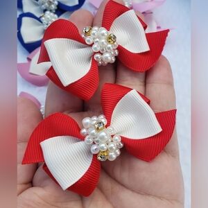 2 Red and White Kids Hair Bow Clips